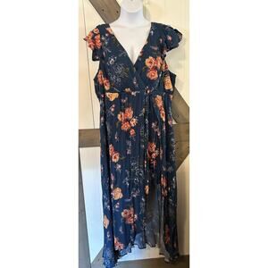 Torrid Gauze Walk-Through Maxi Dress Size 3 Blue Abstract Floral Ruffle Sleeve